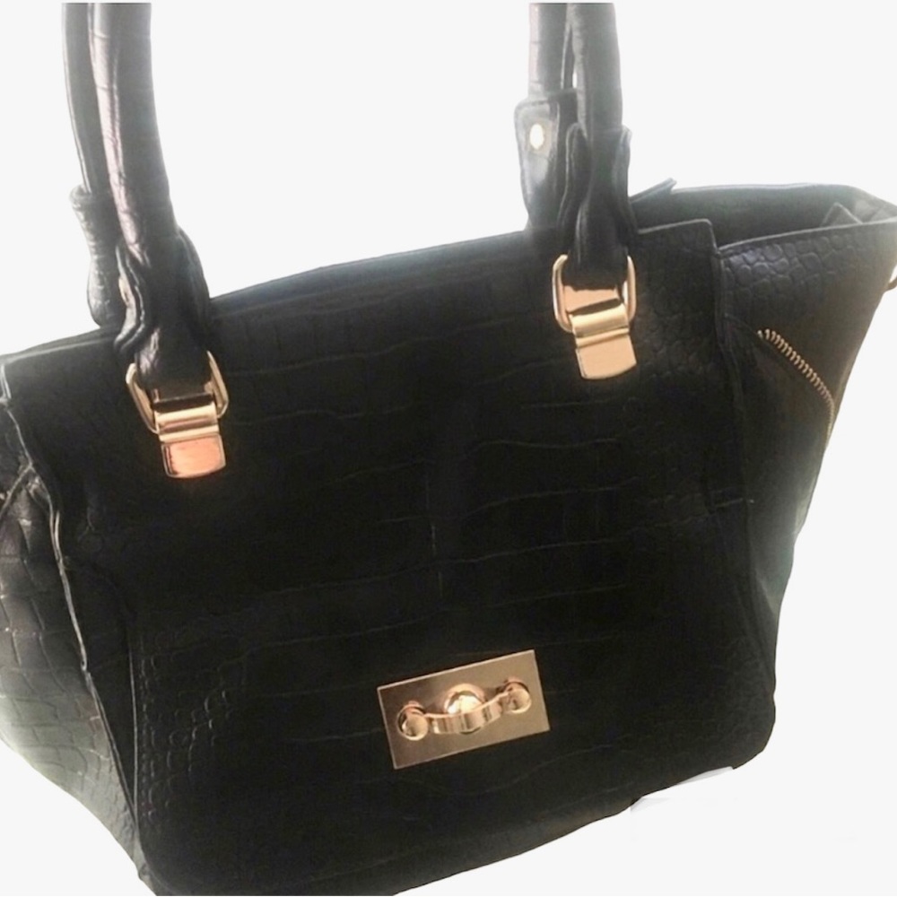 Black Faux-Crocodile Embossed Satchel